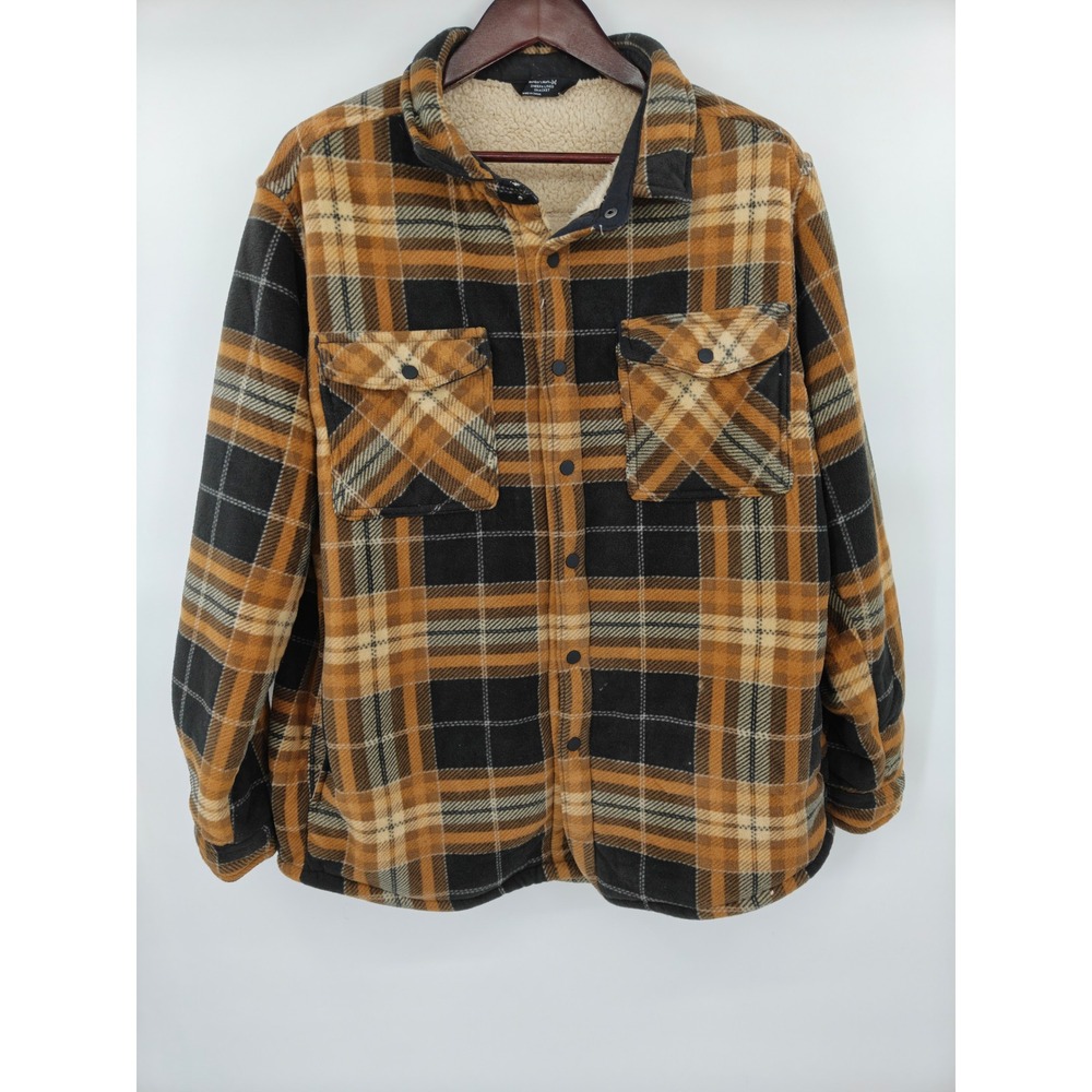 Members Mark Mens XL Sherpa Lined Shacket Plaid Fleece Jacket Brown Black 15761